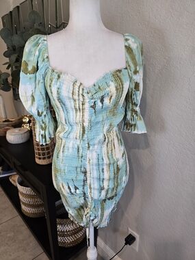 Luxxel Aqua and Olive Smocked Mini Dress
